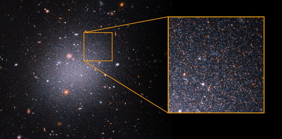 Esta imagem do Telescópio Espacial Hubble oferece uma amostra de estrelas vermelhas envelhecidas na galáxia ultradifusa NGC 1052-DF2 ou DF2. (Nasa)
