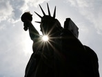 A 2.83-meter original replica of the Statue of Liberty is seen in front of the Musee des Arts et Metiers in Paris before it departs for Ellis Island in New York to arrive on Independence Day, France, June 2, 2021. 