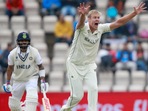 Southampton: New Zealand's Kyle Jamieson, right, appeals successfully for the wicket of India's captain Virat Kohli, left, during the third day of the World Test Championship final cricket match between New Zealand and India, at the Rose Bowl in Southampton, England, Sunday, June 20, 2021.(AP) Southampton: New Zealand's Kyle Jamieson, right, appeals successfully for the wicket of India's captain Virat Kohli, left, during the third day of the World Test Championship final cricket match between New Zealand and India, at the Rose Bowl in Southampton, England, Sunday, June 20, 2021.(AP)