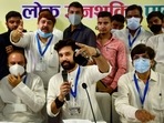 LJP MP Chirag Paswan with party leaders during a national executive committee meet in New Delhi on Sunday. (PTI Photo/Atul Yadav)(PTI) LJP MP Chirag Paswan with party leaders during a national executive committee meet in New Delhi on Sunday. (PTI Photo/Atul Yadav)(PTI)