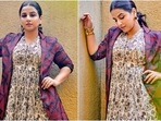 Vidya Balan in monochrome maxi dress and bandhej overcoat goes vocal for local(Instagram/@who_wore_what_when) Vidya Balan in monochrome maxi dress and bandhej overcoat goes vocal for local(Instagram/@who_wore_what_when)