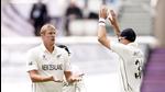 New Zealand's Kyle Jamieson celebrates with teammates after taking the wicket of India's Ishant Sharma. (Action Images via Reuters) New Zealand's Kyle Jamieson celebrates with teammates after taking the wicket of India's Ishant Sharma. (Action Images via Reuters)