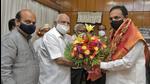 Karnataka chief Minister BSYediyurappa felicitates Jayant Patil Irrigation Minister of Maharashtra during meeting for planning on water discharge of Almatti dam in Karnataka State for flood situation in Sangli, Kolhapur & Satara district in Maharashtra State ahead of rain season at Bengaluru on Saturday. (UDAY DEOLEKAR) Karnataka chief Minister BSYediyurappa felicitates Jayant Patil Irrigation Minister of Maharashtra during meeting for planning on water discharge of Almatti dam in Karnataka State for flood situation in Sangli, Kolhapur & Satara district in Maharashtra State ahead of rain season at Bengaluru on Saturday. (UDAY DEOLEKAR)