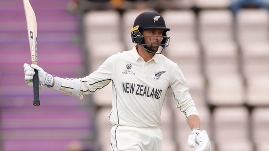 New Zealand's Devon Conway celebrates reaching his half-century. (Action Images via Reuters)