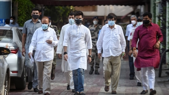 Lok Janshakti Party leader Chirag Paswan with others after a meeting at the Election Commission in New Delhi on Friday. (Sanchit Khanna/HT Photo) Lok Janshakti Party leader Chirag Paswan with others after a meeting at the Election Commission in New Delhi on Friday. (Sanchit Khanna/HT Photo)