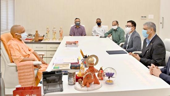 Uttar Pradesh chief minister Yogi Adityanath meeting a Samsung delegation in Lucknow. (SOURCED)