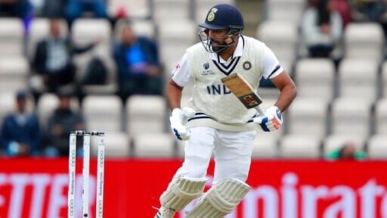 India's Rohit Sharma runs after playing a shot during the second day of the World Test Championship final cricket match between New Zealand and India, at the Rose Bowl in Southampton, England, Saturday, June 19, 2021. (AP) India's Rohit Sharma runs after playing a shot during the second day of the World Test Championship final cricket match between New Zealand and India, at the Rose Bowl in Southampton, England, Saturday, June 19, 2021. (AP)