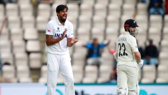 India's Ishant Sharma, left, celebrates the dismissal of New Zealand's Devon Conway. (AP) India's Ishant Sharma, left, celebrates the dismissal of New Zealand's Devon Conway. (AP)