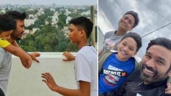 Dhanush with his sons Linga and Yatra.