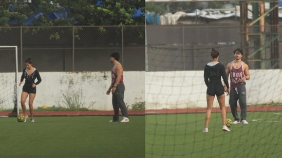 Disha Patani helps rumoured boyfriend Tiger Shroff warm-up before his football match.(Varinder Chawla)