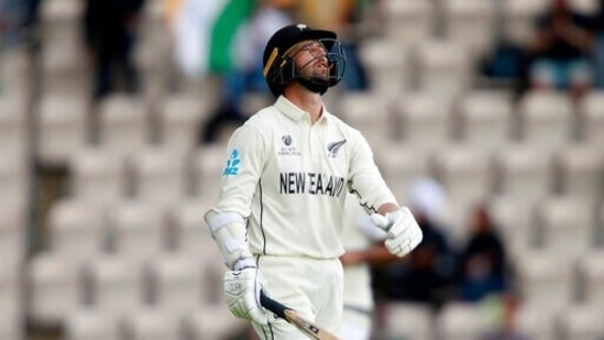 New Zealand's Devon Conway reacts as he walks off the field after losing his wicket. (AP) New Zealand's Devon Conway reacts as he walks off the field after losing his wicket. (AP)
