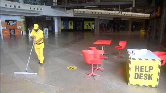 A Lucknow mall being cleaned on Sunday ahead of Monday’s reopening. (Deepak Gupta/HT Photo) A Lucknow mall being cleaned on Sunday ahead of Monday’s reopening. (Deepak Gupta/HT Photo)