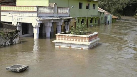 A view of the flooded Cauvery river, downstream of Krishnaraja Sagar (KRS) reservoir near Srirangapatna in Mandya district, Karnataka. (AP) A view of the flooded Cauvery river, downstream of Krishnaraja Sagar (KRS) reservoir near Srirangapatna in Mandya district, Karnataka. (AP)