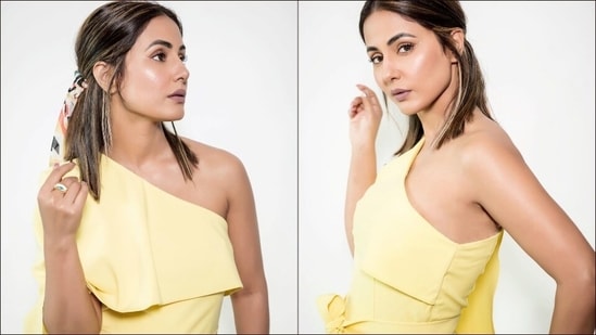 Hina Khan’s yellow one-shoulder dress, nude makeup is perfect to add cheer to lunch date(Instagram/realhinakhan)