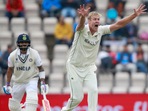 New Zealand's Kyle Jamieson appeals successfully for the wicket of India's captain Virat Kohli(AP) New Zealand's Kyle Jamieson appeals successfully for the wicket of India's captain Virat Kohli(AP)