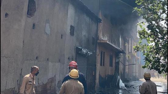 Firefighters at work at shoe factory in Peeragarhi Udyog Nagar in outer Delhi on Monday, June 21. (Delhi Fire Services)