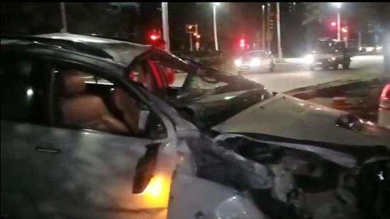 Mangled remains of one of the vehicles involved in the accident at the Press light point in Chandigarh. Mangled remains of one of the vehicles involved in the accident at the Press light point in Chandigarh.
