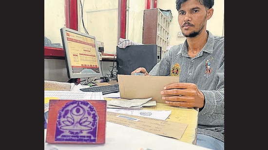 For the last week, the Ludhiana postal department has been using a rubber stamp promoting yoga, which reads ‘Be with yoga, be at home’ on all articles booked for delivery. (Gurpreet Singh/HT)