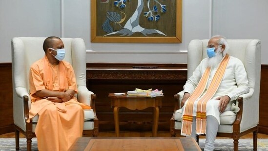 Uttar Pradesh chief minister Yogi Adityanath met with Prime Minister Narendra Modi at his official residence in New Delhi on Friday.(Twitter/@CMOfficeUP)