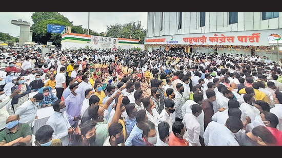 Crowd seen at NCP new office inauguration in Pune, on Saturday. (HT Photo) Crowd seen at NCP new office inauguration in Pune, on Saturday. (HT Photo)