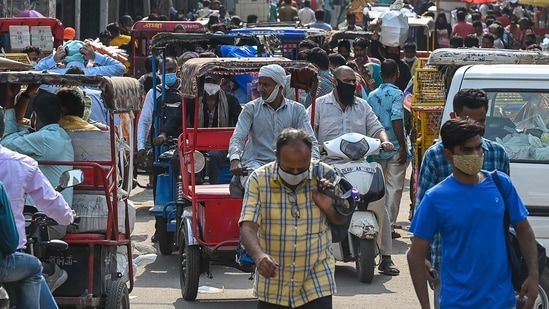 A general view of a crowded market is pictured after the authorities eased a lockdown imposed as a preventive measure against Covid-19, in New Delhi.(AFP)