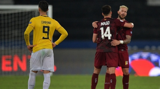Venezuela's Luis Del Pino Mago and teammate Jose Velazquez (R) celebrate at the end of the Conmebol Copa America 2021 football tournament group phase match (AFP) Venezuela's Luis Del Pino Mago and teammate Jose Velazquez (R) celebrate at the end of the Conmebol Copa America 2021 football tournament group phase match (AFP)