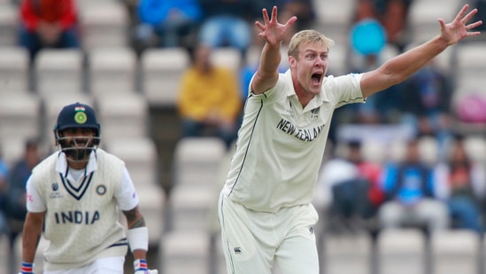 New Zealand's Kyle Jamieson appeals successfully for the wicket of India's captain Virat Kohli(AP)