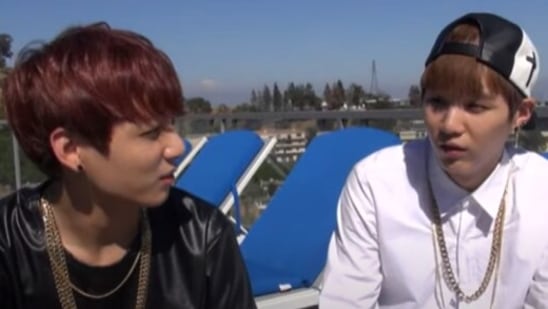 BTS singer Jungkook and rapper Suga from BTS American Hustle Life.