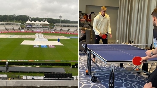 Kyle Jamieson (R) plays table tennis as rain delays fourth day's play in Southampton(HT Collage)