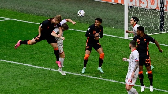 Matthijs de Ligt's header was cleared off the line by Trajkovski in the 50th minute. That was the first real chance of the first half. (AP)