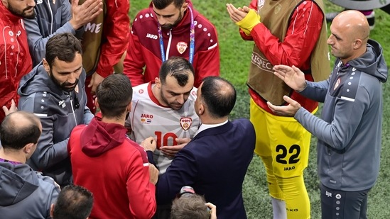 Goran Pandev's 20-year-old international career came to an end as he was subbed off. He left the pitch for the final team in the national jersey to a guard of honour from his teammates. (REUTERS)