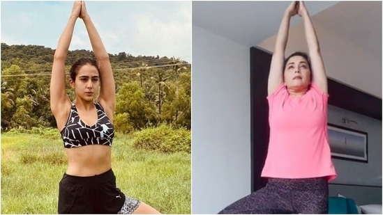 Sara Ali Khan and Madhuri Dixit show how to do Vrikshasana in Yoga Day post(Instagram/@saraalikhan95, Instagram/@madhuridixitnene)