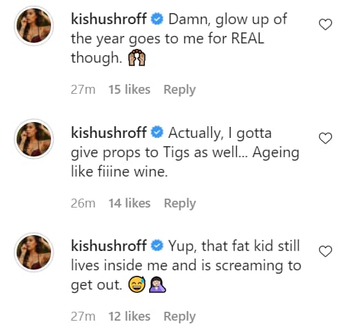Krishna Shroff’s comments on Ayesha Shroff’s posts.