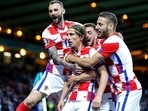 Luka Modric of Croatia celebrates with players after scoring a world-class goal against Scotland in their Euro 2020 game.(AP) Luka Modric of Croatia celebrates with players after scoring a world-class goal against Scotland in their Euro 2020 game.(AP)
