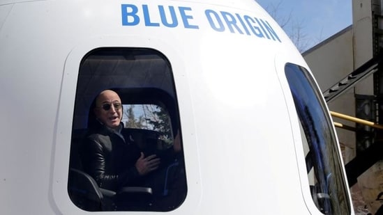 Amazon and Blue Origin founder Jeff Bezos in the New Shepard rocket booster at the 33rd Space Symposium in Colorado, US.(Reuters)