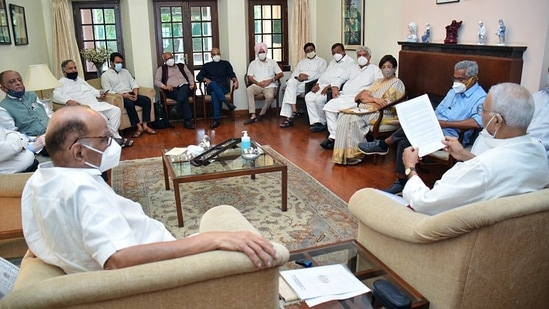 The meeting was called by Trinamool Congress (TMC) leader Yashwant Sinha on behalf of Rashtra Manch, an anti-BJP platform that he co-founded in 2018. In picture - Sharad Pawar along with Yashwant Sinha and other parties leaders.(ANI) The meeting was called by Trinamool Congress (TMC) leader Yashwant Sinha on behalf of Rashtra Manch, an anti-BJP platform that he co-founded in 2018. In picture - Sharad Pawar along with Yashwant Sinha and other parties leaders.(ANI)
