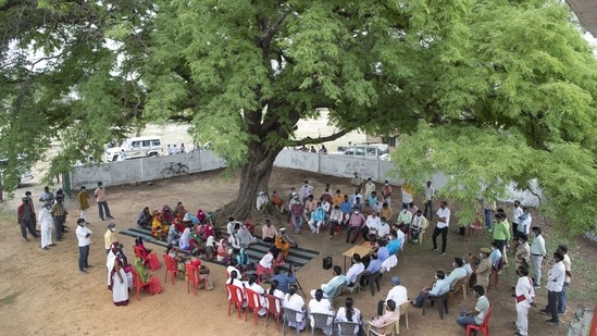People taking part in a meeting of the Village Monitoring Committee of Amritpur Village, Uttar Pradesh on June 10. However, there is still widespread hesitancy fueled by misinformation and mistrust, particularly in rural areas where two-thirds of the country’s nearly 1.4 billion population lives, AP reported.(Rajesh Kumar Singh / AP)