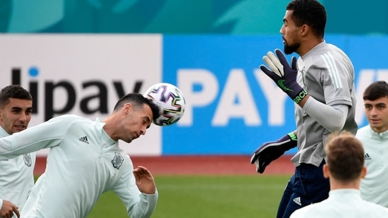Spain's goalkeeper Robert Sanchez (top) and teammates take part in their MD-1 training session at Las Rozas near Madrid on June 22, 2021, the eve of their UEFA EURO 2020 Group E football match against Slovakia.(AFP) Spain's goalkeeper Robert Sanchez (top) and teammates take part in their MD-1 training session at Las Rozas near Madrid on June 22, 2021, the eve of their UEFA EURO 2020 Group E football match against Slovakia.(AFP)