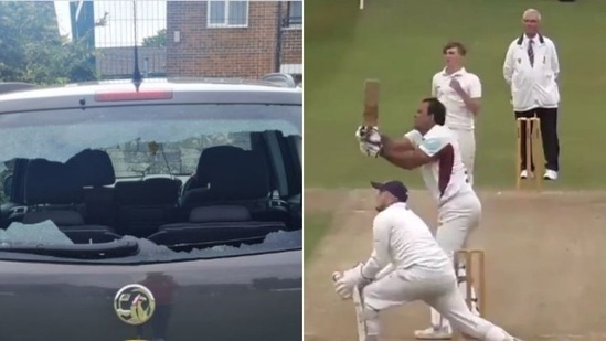 Batsman's big six smashes windscreen of his own car