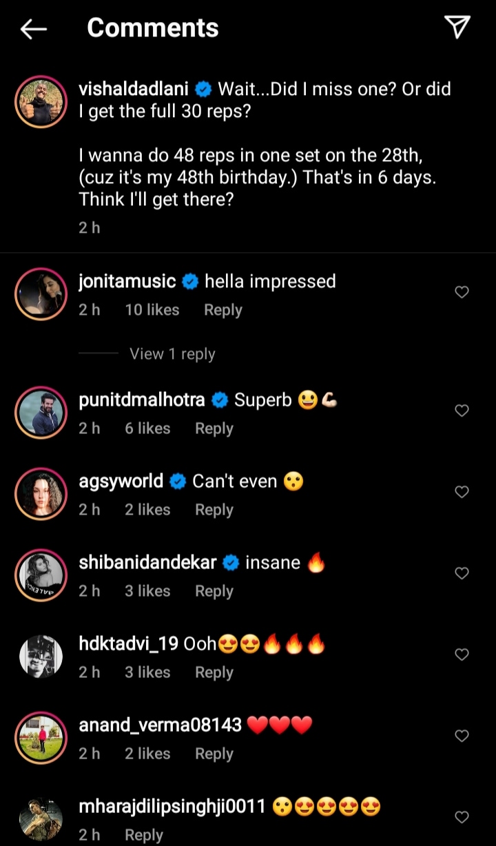 Jonita Gandhi, Punit Malhotra and Shibani Dandekar's comments on Vishal Dadlani's workout video(Instagram/vishaldadlani) Jonita Gandhi, Punit Malhotra and Shibani Dandekar's comments on Vishal Dadlani's workout video(Instagram/vishaldadlani)