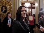 US Vice President Kamala Harris speaks to reporters after the US Senate voted on the election bill known as the For the People Act, at the US Capitol in Washington, DC, on June 22, 2021. (AFP)