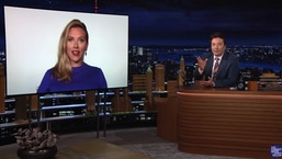 Scarlett Johansson and Jimmy Fallon playing 'One-second Marvel Quiz'.
