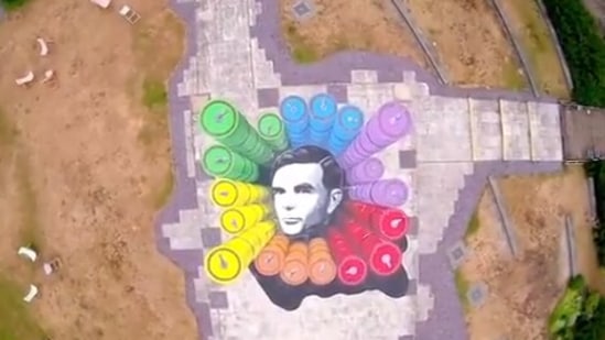 Britain's GCHQ spy agency has installed a giant multicoloured artwork to celebrate codebreaker and mathemetician Alan Turing.(Twitter/@GCHQ)