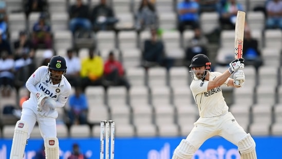 New Zealand Skipper Kane Williamson plays a shot during the World Test Championship final match between New Zealand and India, at the Rose Bowl in Southampton on Wednesday. (ANI Photo)