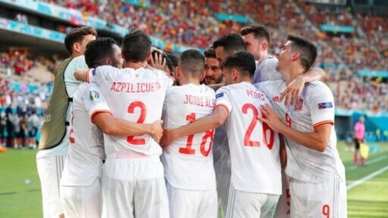 Spain's Ferran Torres, not seen in the frame, celebrates with his teammates after scoring his side's fourth goal during the Euro 2020 group E match between Spain and Slovakia at La Cartuja stadium in Seville,. (AP) Spain's Ferran Torres, not seen in the frame, celebrates with his teammates after scoring his side's fourth goal during the Euro 2020 group E match between Spain and Slovakia at La Cartuja stadium in Seville,. (AP)