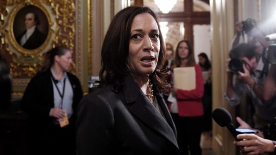 US Vice President Kamala Harris speaks to reporters after the US Senate voted on the election bill known as the For the People Act, at the US Capitol in Washington, DC, on June 22, 2021. (AFP) US Vice President Kamala Harris speaks to reporters after the US Senate voted on the election bill known as the For the People Act, at the US Capitol in Washington, DC, on June 22, 2021. (AFP)