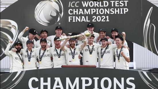 New Zealand players celebrate after winning the World Test Championship final against India at the Rose Bowl in Southampton on Wednesday. (AP)