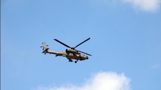 An Apache chopper of Indian Air Force flying in Leh, Ladakh. (ANI)