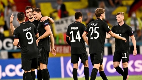 German players celebrate after the Euro 2020 group F match between Germany and Hungary at the Allianz Arena in Munich.(AP)