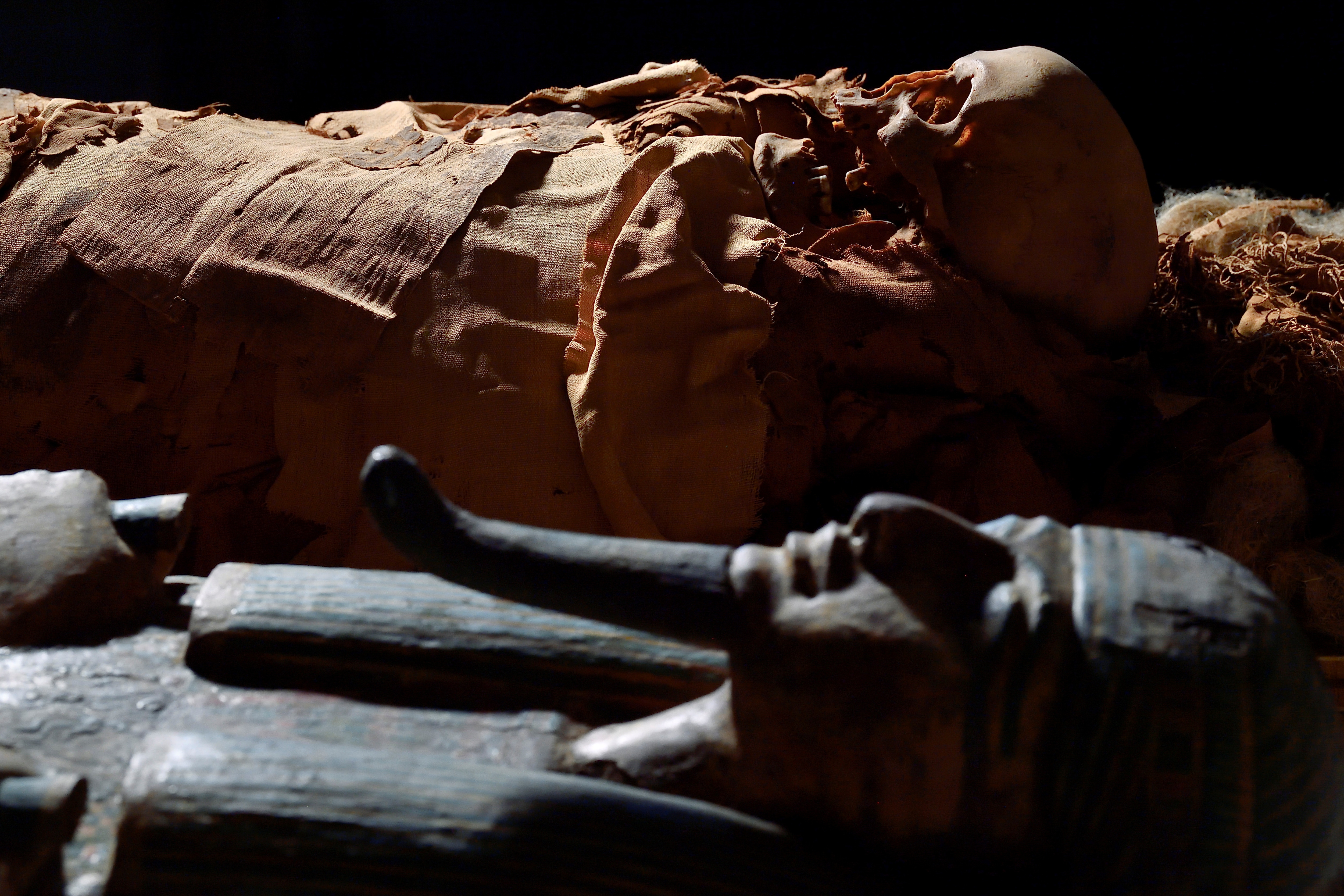 An Egyptian mummy is seen next to its coffin at the Civic Archaeological Museum of Bergamo, Italy. (REUTERS)